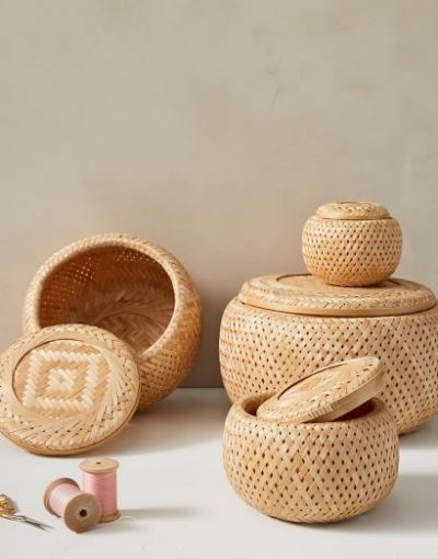 Bamboo Nesting Lidded Baskets Set of 4 - Natural_Black